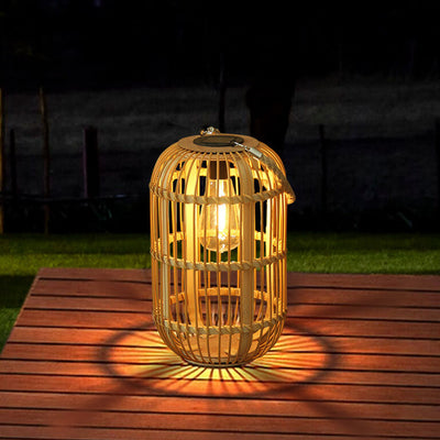 Traditional Vintage Rattan Weaving Cage LED Solar Waterproof Outdoor Light For Outdoor Patio