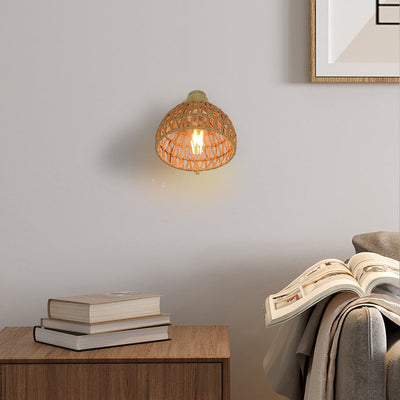 Traditionelle Bauernhaus Papier Rattan Weben Aushöhlen Kuppel 1-Licht Wand Leuchte Lampe Für Schlafzimmer 