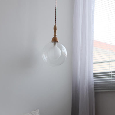 Lámpara colgante de 1 luz de vidrio y madera con forma de orbe japonés tradicional para sala de estar 