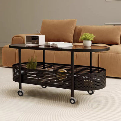 Table d'appoint mobile en fer avec dessus en verre ovale de simplicité moderne, armoire à 2 niveaux pour le salon 