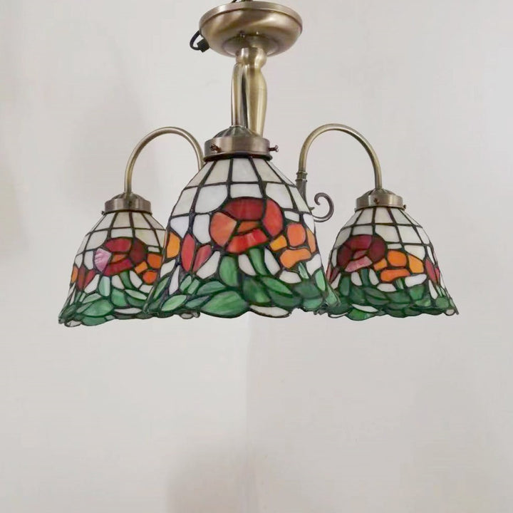 Lámpara de Araña de 3 Luces con Pantalla de Vidrio Tiffany Tradicional Europea Rosa para Dormitorio 