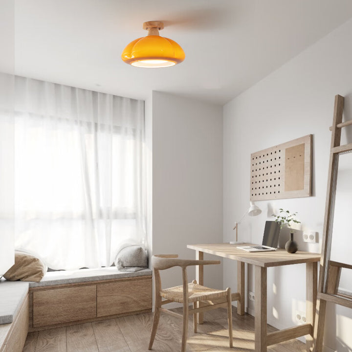 Moderne Cremefarbene Ovale Kürbisgummi-Holzglas 1-Licht Halbeinbau-Deckenleuchte 