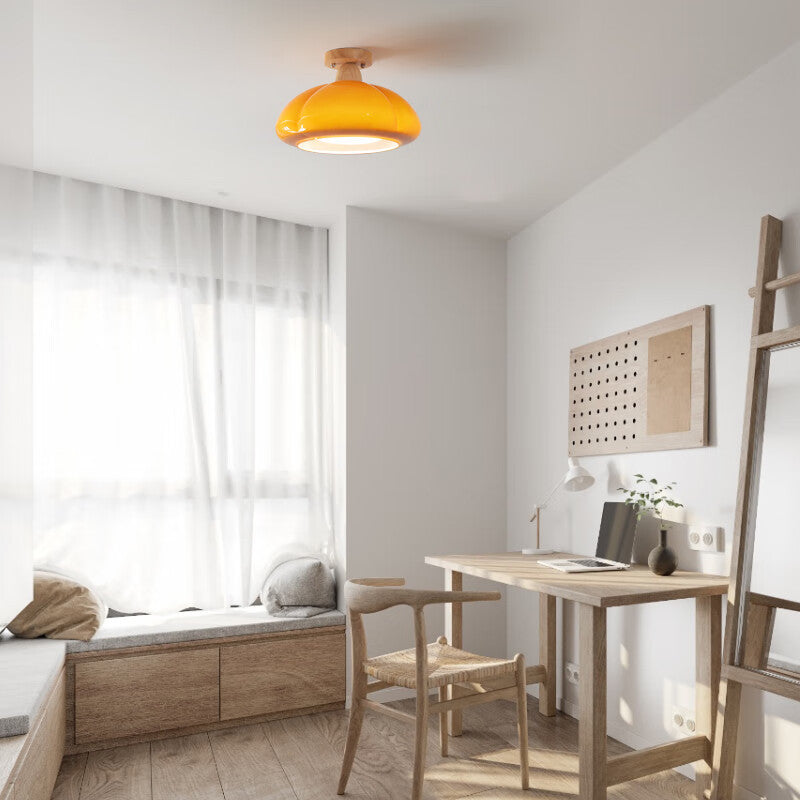 Moderne Cremefarbene Ovale Kürbisgummi-Holzglas 1-Licht Halbeinbau-Deckenleuchte 