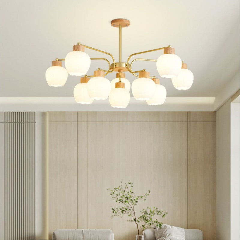 Moderne minimalistische gebogene Stange weiße Glockenblume Hardware Holz Glas 6/10 Licht Kronleuchter für Wohnzimmer 