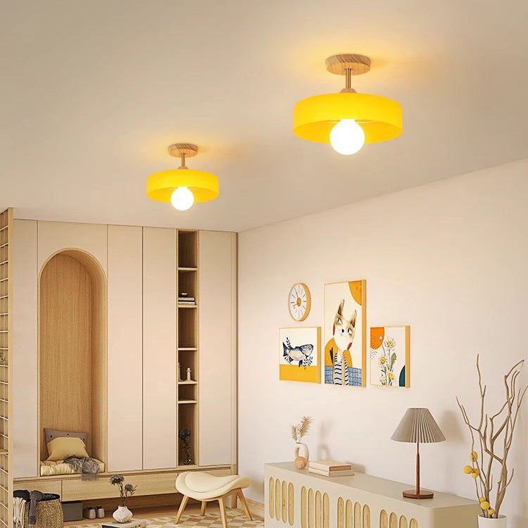 Moderne minimalistische runde Holzglas-Deckenleuchte mit 1 Licht, halbbündige Montage für Wohnzimmer 