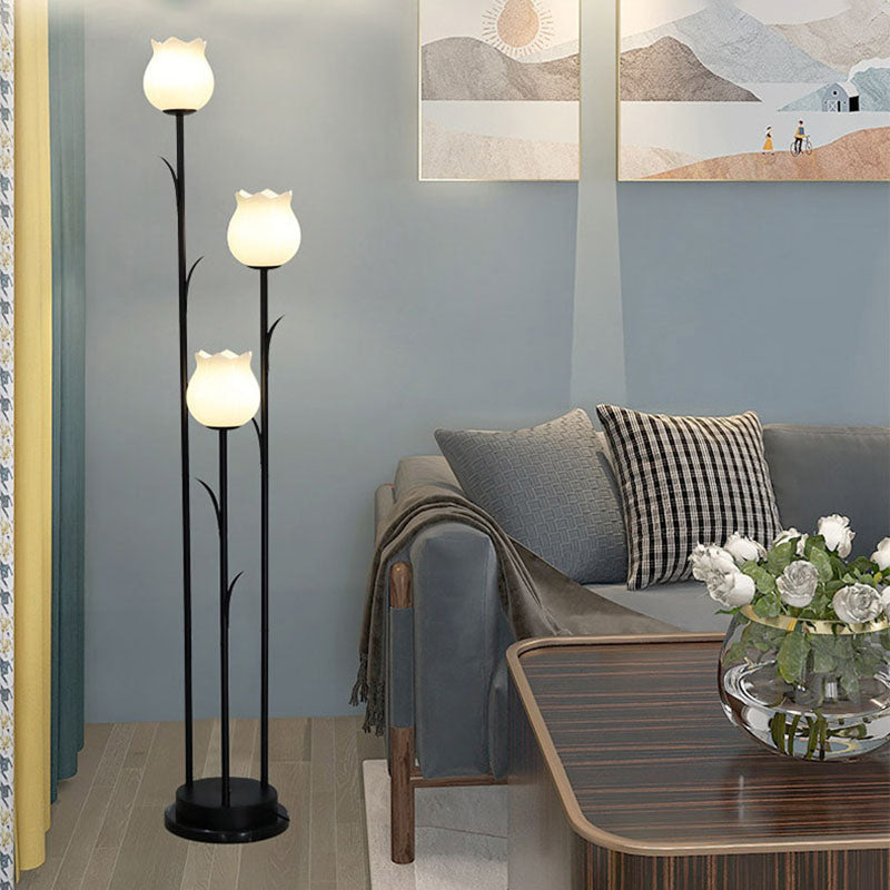 Contemporary Scandinavian Cylinder Flower Iron Glass 3-Light Standing Floor Lamp For Living Room