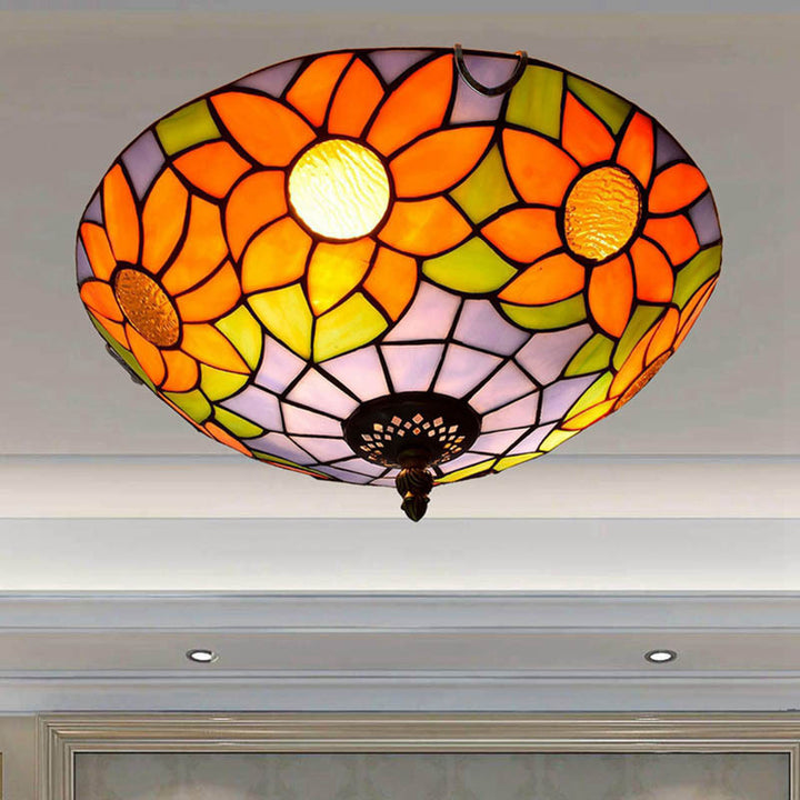 Dôme Tiffany traditionnel Tournesol Verre en fer Plafonnier à 2 lumières pour le salon 