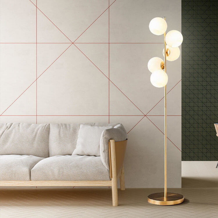 Modern Minimalist Glass Round Ball Gold Long Pole 5-Light Standing Floor Lamp for Living Room