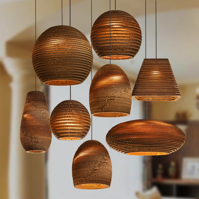 Zeitgenössische Retro Papier elliptische sphärische Glocke Trapez Halbkreis polygonale 1-Licht Pendelleuchte für Esszimmer 