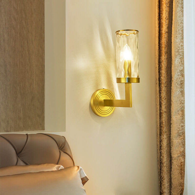 Modern Luxury Textured Glass Cylinder Round Brass 1-Light Wall Sconce Lamp for Living Room