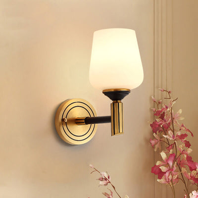 Traditional European Cylindrical Cup All Brass Glass 1-Light Wall Sconce Lamp For Bedroom