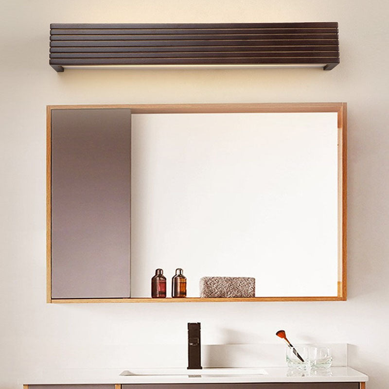 Traditional Chinese Striped Wood Cuboid LED Vanity Mirror Front Wall Sconce Lamp For Bathroom