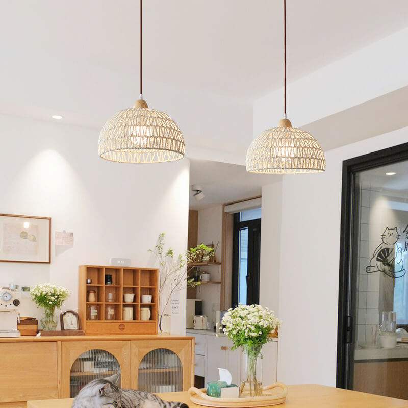 Contemporary Boho Rubberwood Faux Rattan Weaving Dome 1-Light Pendant Light For Dining Room
