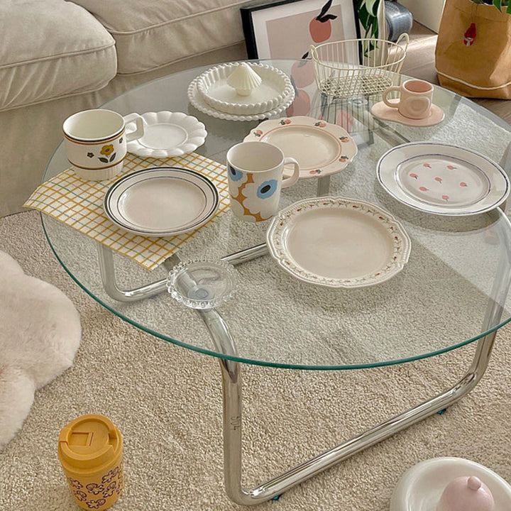 Modern Minimalist Round Glass Stainless Steel Base Coffee Table For Living Room