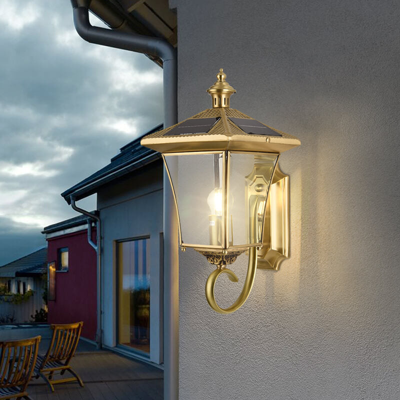 European Retro Solar Copper Roof Lantern 1-Light Outdoor Wall Sconce Lamp