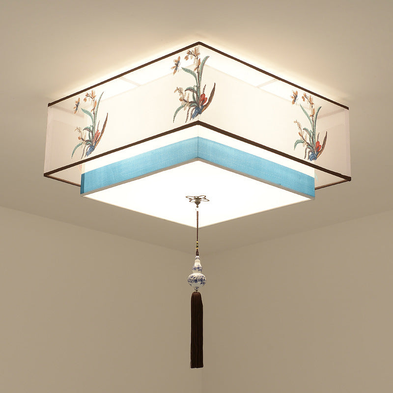 Pantalla de tela bordada de hierro chino tradicional de 4 luces para techo empotrado para dormitorio 