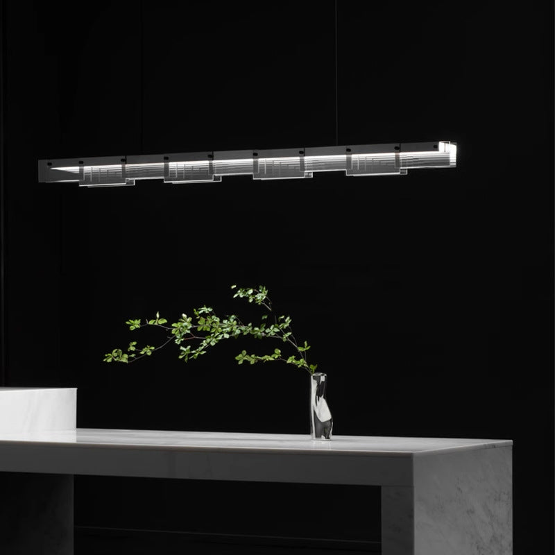 Lustre à LED moderne minimaliste en verre long et cuivre pour salon 
