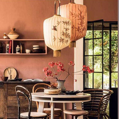 Traditionelle chinesische Bambusmuster Stoff Laterne Schatten 1-Licht Pendelleuchte für Esszimmer 