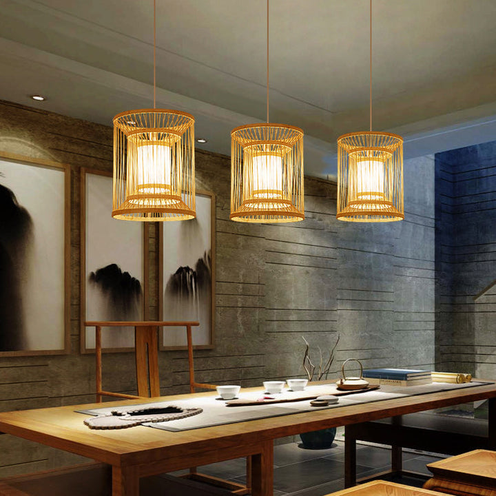 Lustre Suspendu Traditionnel Chinois Rond Vertical en Bambou 1 Lumière Pour Salon 