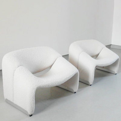 Silla de acento con respaldo y reposabrazos de esponja de lana de cordero de marco curvado contemporáneo escandinavo de acero inoxidable para sala de estar 