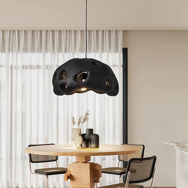 Suspension Luminaire Rond Japonais Traditionnel en Résine Creuse à 1 Lumière pour Salon 
