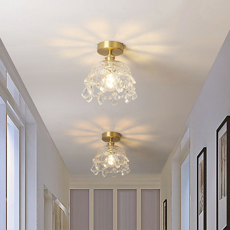 Modern Art Deco Brass Frame Crystal Round Glass Shade 1-Light Semi-Flush Mount Ceiling Light For Living Room