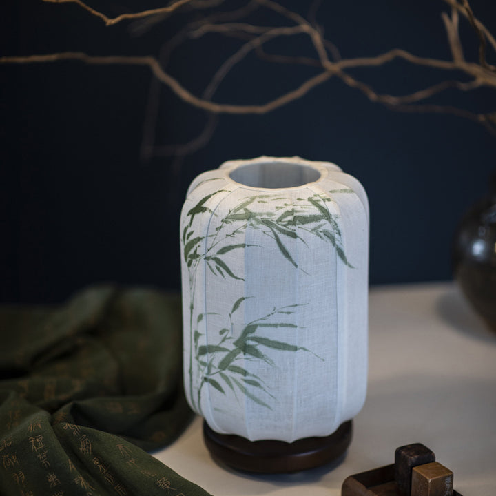 Lámpara de Mesa de 1 Luz de Hoja de Bambú Cilindro de Madera China Tradicional Algodón Cáñamo para Mesita de Noche 