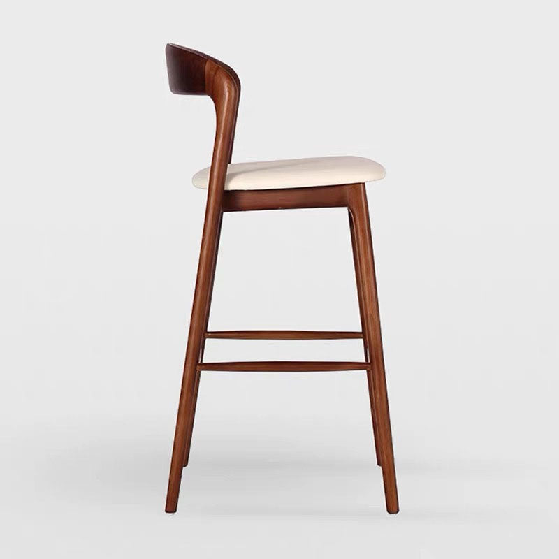 Tabouret de bar contemporain rétro à cadre carré en bois massif, revêtu de similicuir, dossier bas et repose-pieds pour salle à manger 