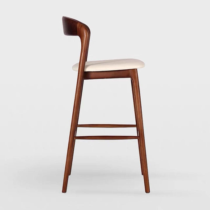 Tabouret de bar contemporain rétro à cadre carré en bois massif, revêtu de similicuir, dossier bas et repose-pieds pour salle à manger 