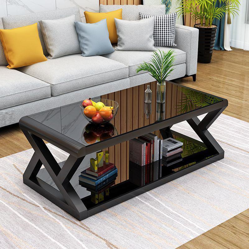 Table basse moderne en verre renforcé rectangulaire en acier à 2 niveaux pour salon 