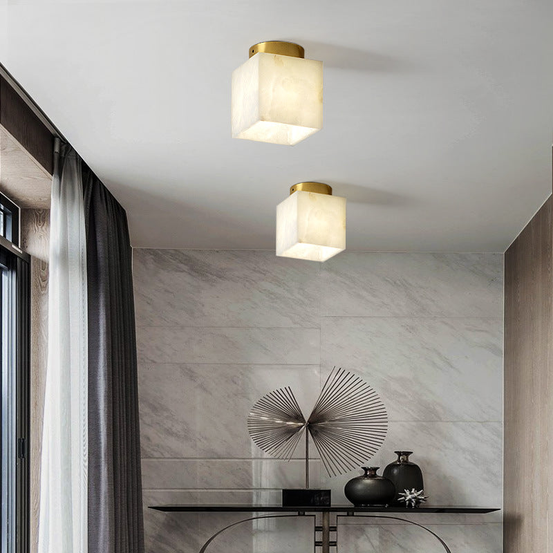 Modern Transitional Orb Square Copper Marble LED Semi-Flush Mount Ceiling Light For Hallway