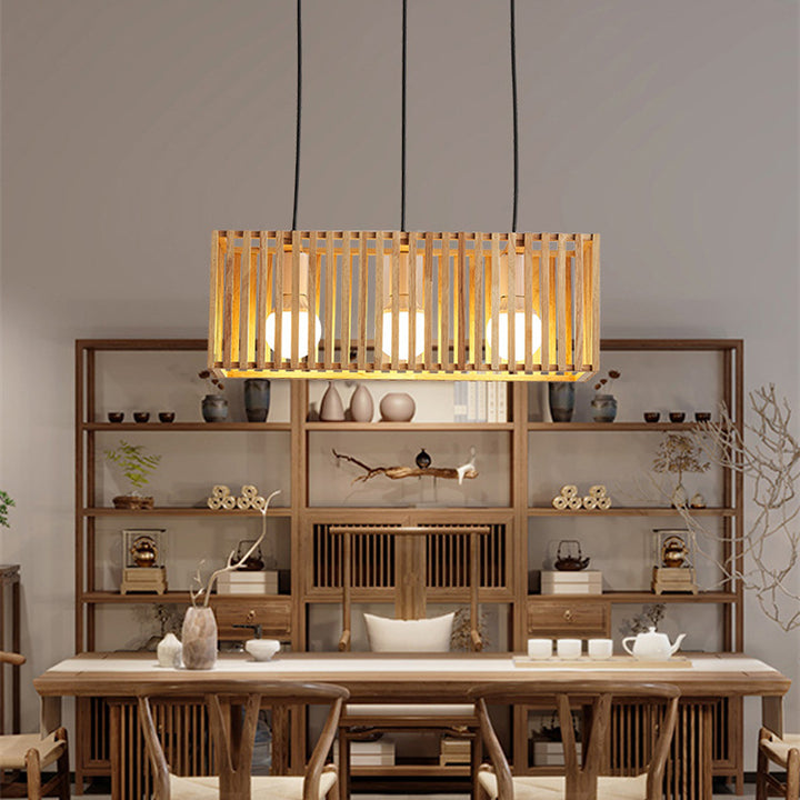 Traditioneller chinesischer rechteckiger Massivholz-Kronleuchter mit 1/3 Lichtinsel für Wohnzimmer 