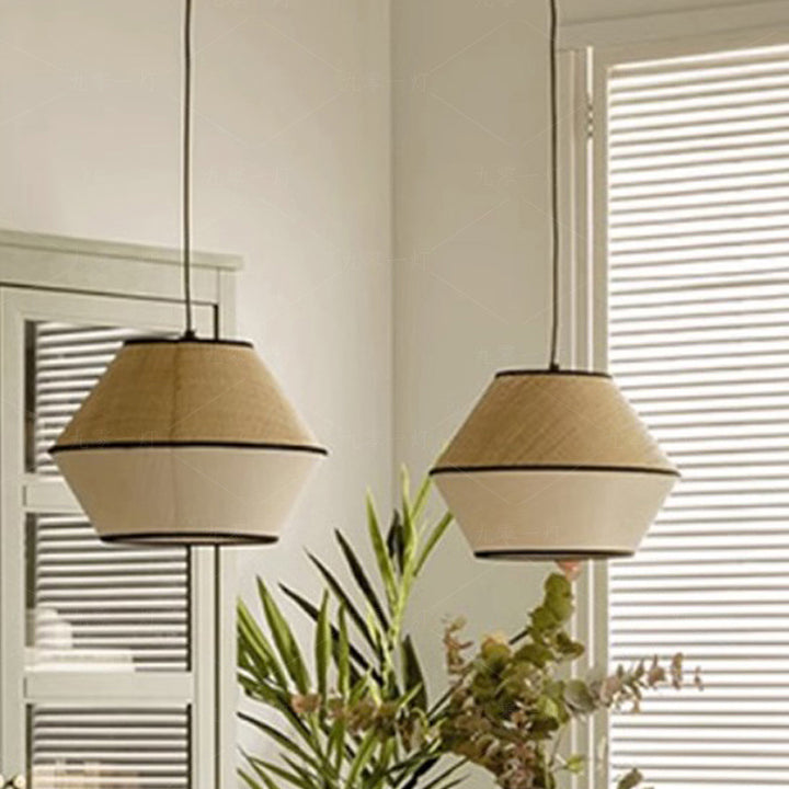 Suspension lumineuse à 1 lumière en tissu de fer trapézoïdal conique cylindrique japonais traditionnel pour salle à manger 