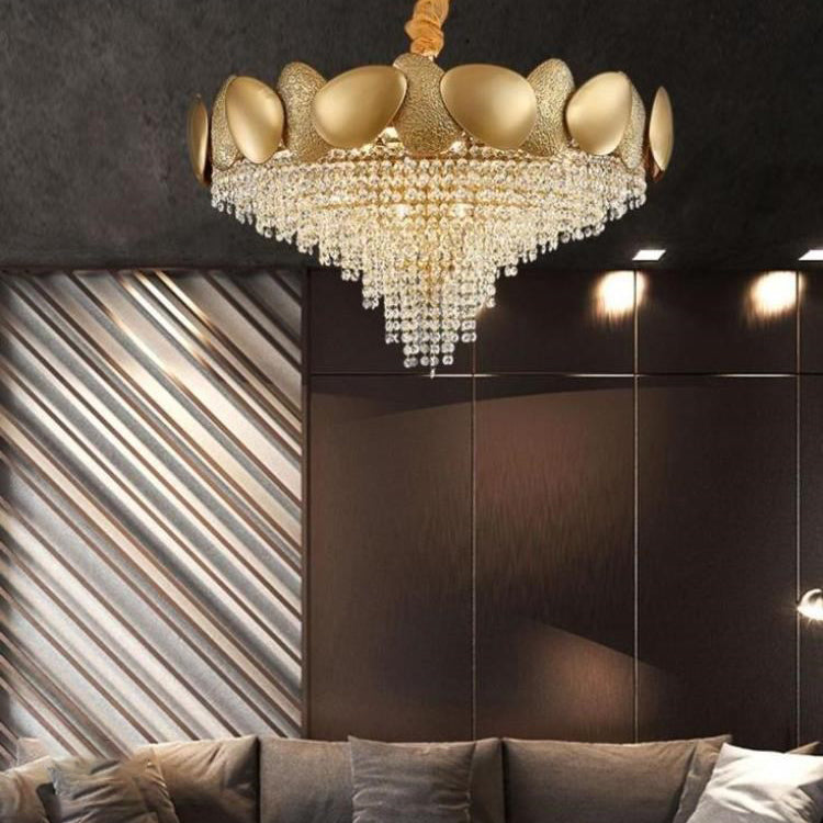 Lustre moderne de luxe en acier inoxydable avec cadre en titane et perles de cristal à 11/15 lumières pour salon 