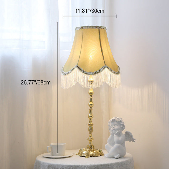 Traditional Vintage Round Copper Fabric Cylinder Fringed Trapezoid 1-Light Table Lamp For Bedroom