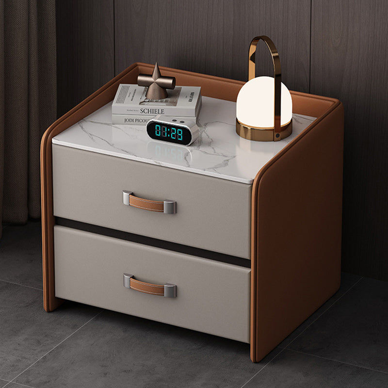 Modern Simplicity Rectangular Slab Saddle-Style Faux Leather Wood Nightstand 2-Drawer For Bedside