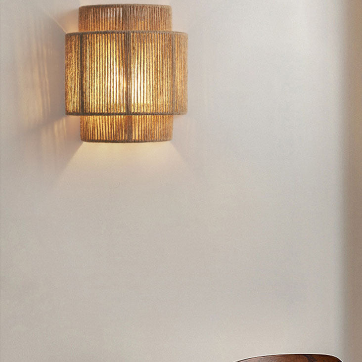 Lámpara de pared de 1 luz curva tejida con cuerda japonesa tradicional para sala de estar 