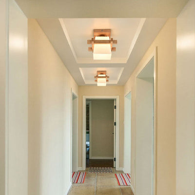 Traditionelle japanische Deckenleuchte mit Holzrahmen und Glassäule, 1 Licht, halbbündige Montage, für Wohnzimmer 