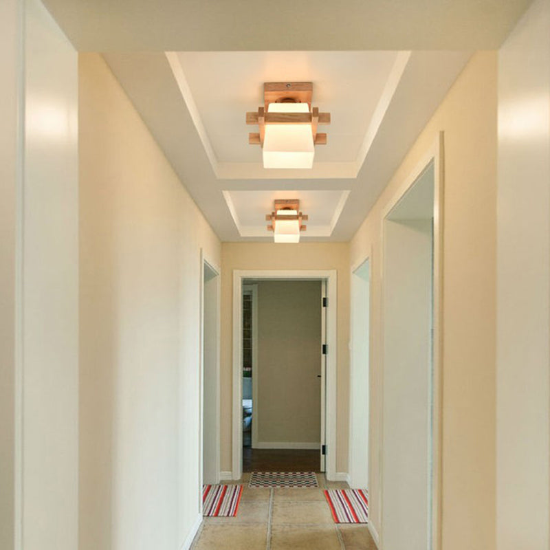 Traditionelle japanische Deckenleuchte mit Holzrahmen und Glassäule, 1 Licht, halbbündige Montage, für Wohnzimmer 