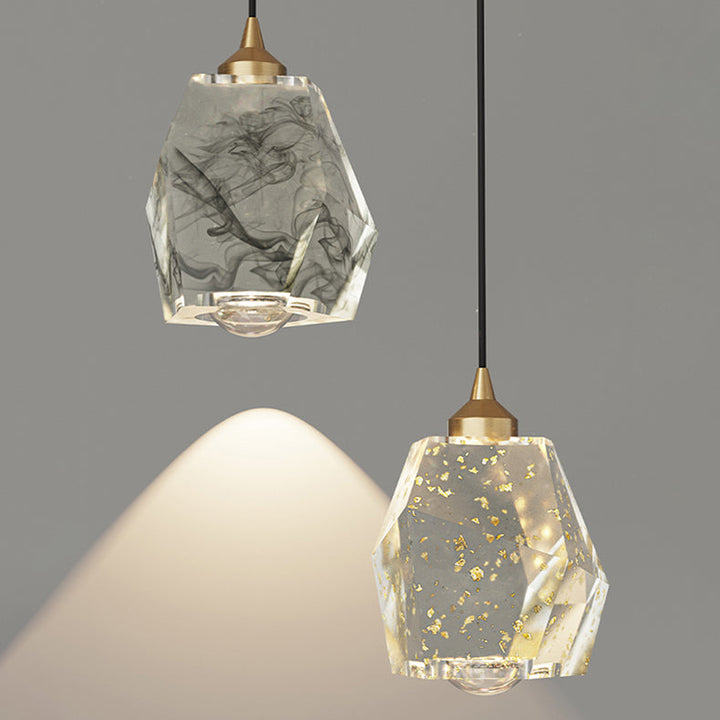 Lustre LED contemporain de luxe avec cadre en cuivre plein et abat-jour en résine avec feuille d&