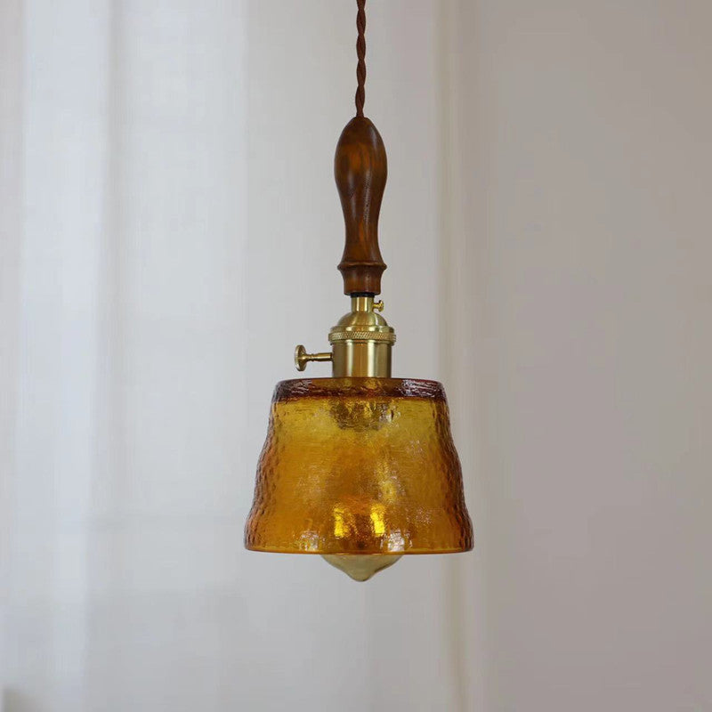 Lámpara colgante de 1 luz con pantalla de vidrio ondulado de nogal Art Deco moderno para sala de estar 