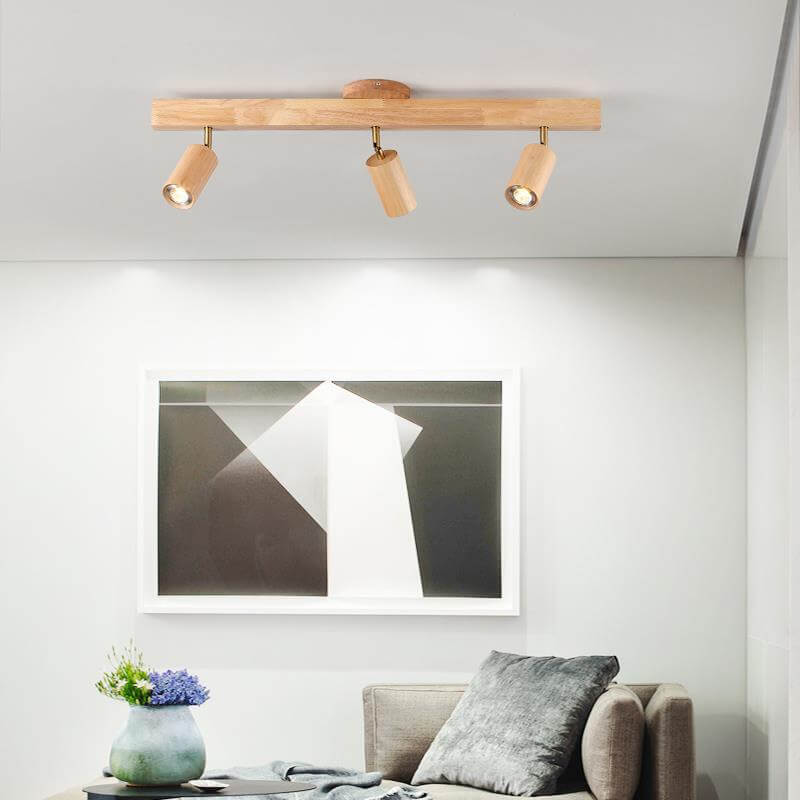 Japanese Minimalist Wooden Track Lighting LED 2/3/4/5 Light Semi-Flush Mount Ceiling Light