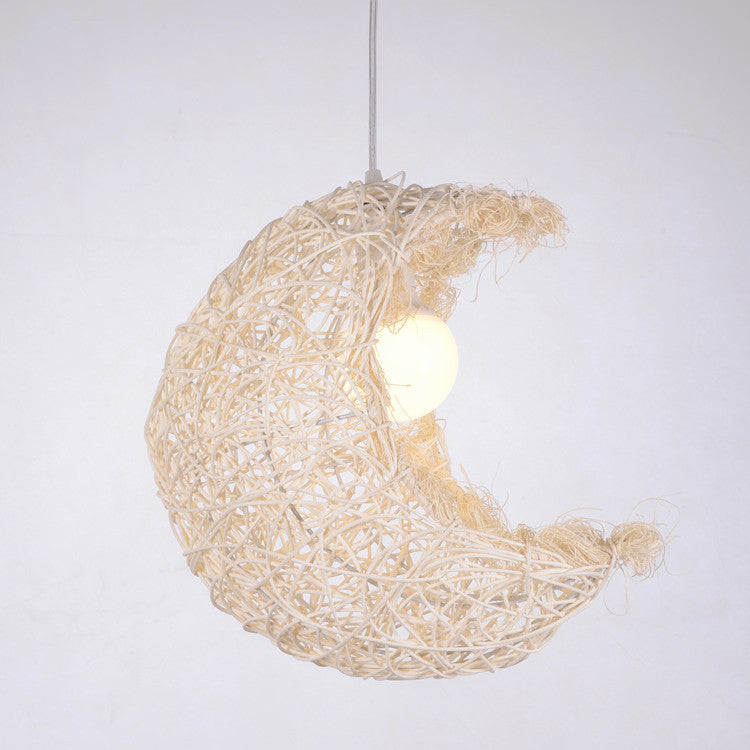 Traditional Japanese Weaving Bamboo Rattan Moon 1-Light Pendant Light For Dining Room
