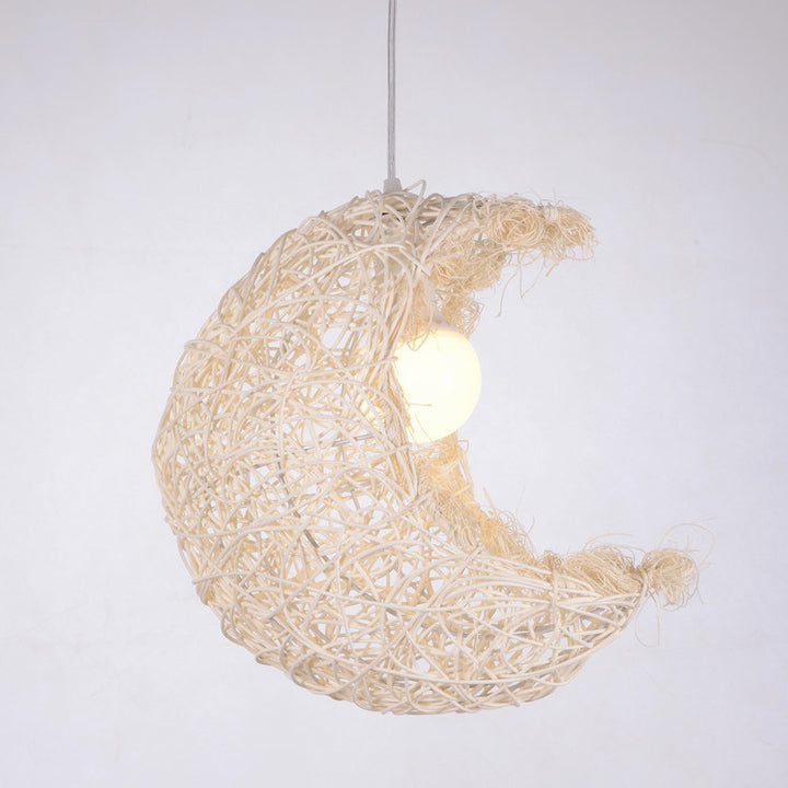 Traditional Japanese Weaving Bamboo Rattan Moon 1-Light Pendant Light For Dining Room