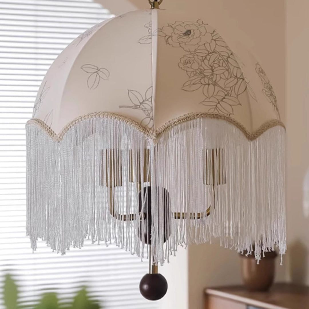 Traditionelle französische runde Quaste Eisen Holz Stoff 3-Licht Pendelleuchte für Wohnzimmer 