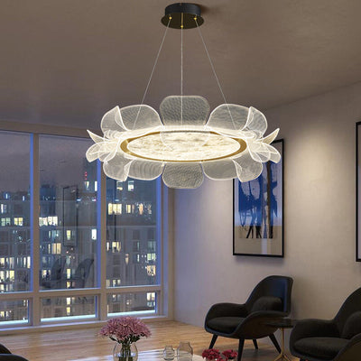 Moderne minimalistische runde Blume klares Metall Acryl LED Insel Licht Kronleuchter für Esszimmer 