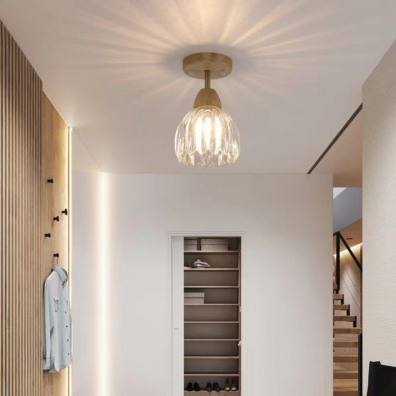 Luz de techo semiempotrada de 1 luz de flor de vidrio de madera de caucho tradicional japonesa para pasillo 