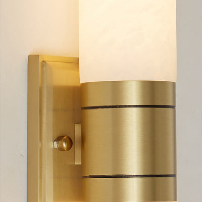 Traditionelle chinesische Vollkupfer-Marmor-Zylinderschirm-2-Licht-Wandleuchterlampe für Wohnzimmer 