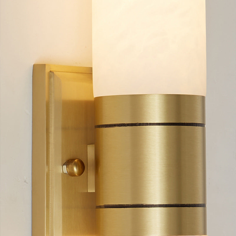 Traditionelle chinesische Vollkupfer-Marmor-Zylinderschirm-2-Licht-Wandleuchterlampe für Wohnzimmer 