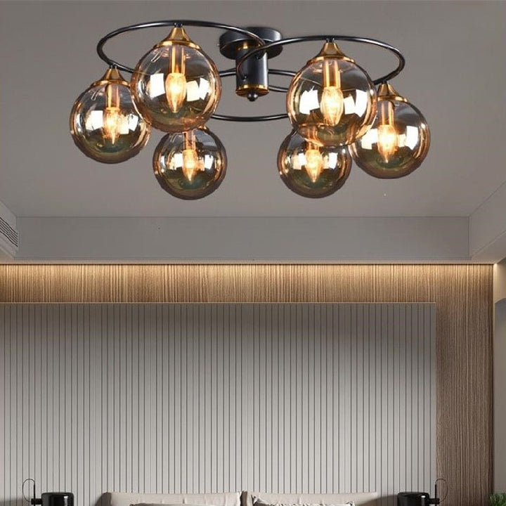 Moderne Mid-Century Eisenrahmen Magic Bean Glasschirm 4/6-Licht Halbbündige Deckenleuchte für Wohnzimmer 